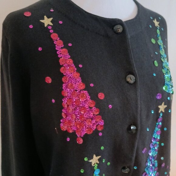 Quaker Factory NWOT Black Christmas Cardigan W/ Multi Color Sequins, Size Med. - Picture 9 of 16